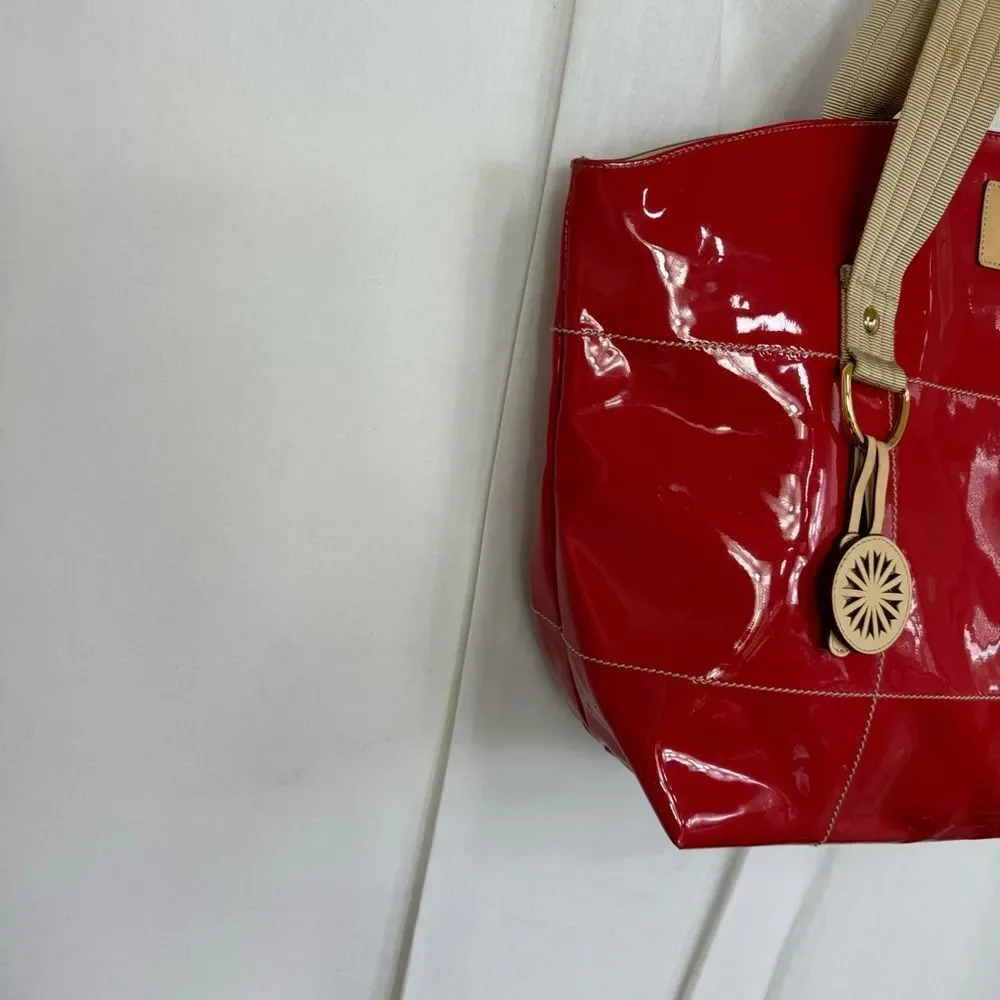 Salvatore Ferragamo Red Beige Patent Leather Tote with Keychain # AU 21 7480